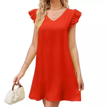 Женская мода лето весна сплошной цвет печати с коротким рукавом V-образным вырезом свободные повседневные платья S чёрный