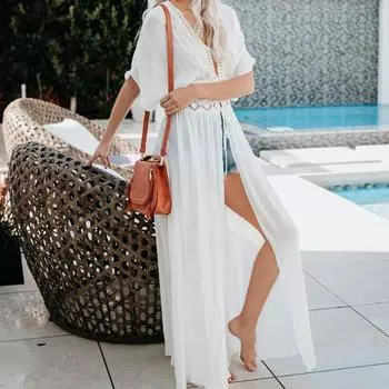 Женская мода, лето, весна, сплошной цвет, принт, рукава 1/2, v-образный вырез, высокая талия, повседневные платья Size: One Size белый