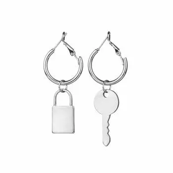 Женская мода Личность Fun Key Lock Асимметричные серьги Новый стиль серебряный