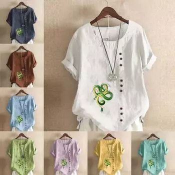 Женская мода Loong Printed с круглым вырезом и коротким рукавом футболка повседневная хлопковая льняная рубашка с рисунком свободная летняя блузка топы S розовый