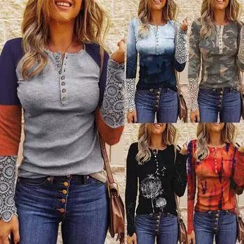 Женская мода Лоскутная печать Кружева с длинным рукавом Повседневная пуговица Пуловер Толстовка Топ S синий