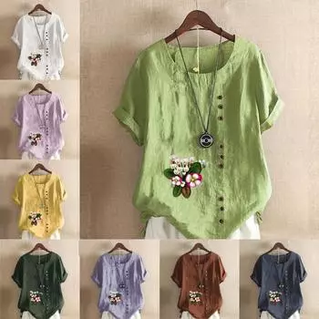 Женская мода Lotus Printed футболка с коротким рукавом свободная хлопковая рубашка повседневная свободная летняя блузка топы S розовый