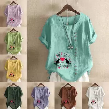 Женская мода Love Cat Printed футболка с коротким рукавом свободная хлопковая рубашка повседневная свободная летняя блузка топы больших размеров S розовый