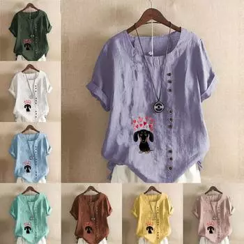 Женская мода Love Dog Printed с круглым вырезом и коротким рукавом футболка повседневная хлопковая льняная рубашка с рисунком для отдыха свободная летняя блузка топы S розовый
