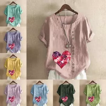 Женская мода Love Flower Printed футболка с коротким рукавом свободная хлопковая рубашка повседневная свободная летняя блузка топы больших размеров S темно-синий