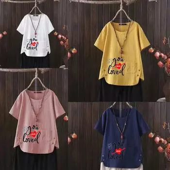 Женская мода Love Letter Printed Летняя повседневная свободная футболка с коротким рукавом Летняя блузка Топы S белый