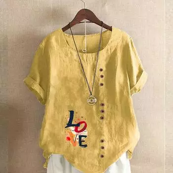 Женская мода Love Letters Printed футболка с коротким рукавом свободная хлопковая рубашка повседневная свободная летняя блузка топы больших размеров S жёлтый