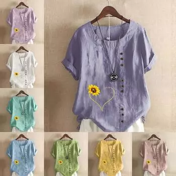 Женская мода Love Sunflower Printed футболка с коротким рукавом свободная хлопковая рубашка повседневная свободная летняя блузка топы больших размеров S розовый