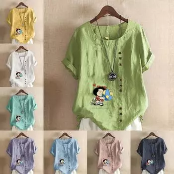 Женская мода Love the Earth Printed с круглым вырезом и коротким рукавом Футболка Повседневная хлопковая льняная рубашка с рисунком Свободная летняя блузка Топы S розовый