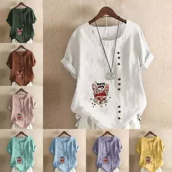 Женская мода Любимая футболка с круглым вырезом и короткими рукавами с принтом кролика Повседневная хлопково-льняная рубашка с рисунком Свободные летние блузки для отдыха для отдыха S розовый