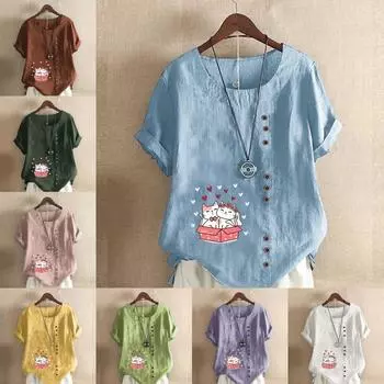 Женская мода Любимый кот Принт футболка с коротким рукавом свободная хлопковая рубашка повседневная свободная летняя блузка топы больших размеров S розовый