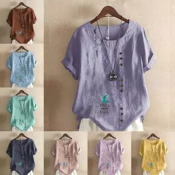 Женская мода Маленькая птичка Одуванчик Принт с коротким рукавом Футболка Свободная хлопковая рубашка Повседневная свободная летняя блузка Топы размера плюс S розовый