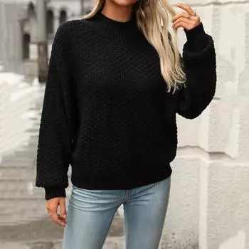 Женская мода, маленький однотонный вязаный пуловер с высоким воротом, темпераментный свитер с длинными рукавами L