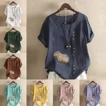 Женская мода Marmot Printed с круглым вырезом и коротким рукавом футболка повседневная хлопковая льняная рубашка с рисунком свободная летняя блузка топы S розовый