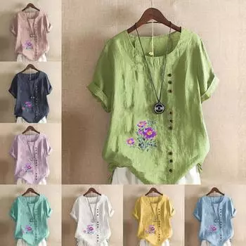 Женская мода масляная живопись цветы напечатаны круглый вырез короткий рукав футболка повседневная хлопок лен графическая рубашка досуг свободные летние блузки топы S розовый