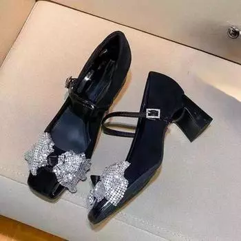 Женская мода, массивные туфли, весенние, квадратная головка, неглубокий носок, блестки, узел-бабочка, металлический ремешок, нескользящие туфли на высоком каблуке 35
