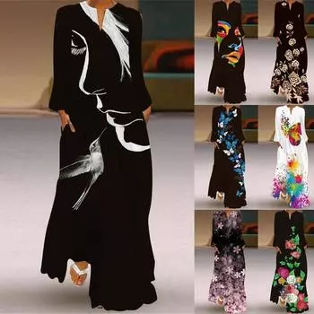 Женская мода Макси-платья с графическим принтом и V-образным вырезом с длинным рукавом Свободное платье длиной до пола Повседневное длинное платье с карманом S