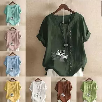 Женская мода Милая девушка с принтом круглый вырез короткий рукав футболка повседневная хлопковая льняная графическая рубашка досуг свободная летняя блузка топы больших размеров S розовый
