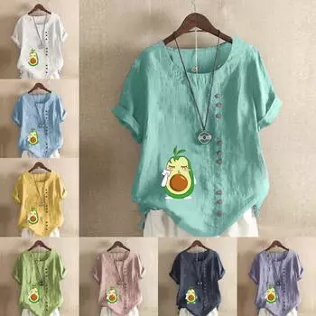 Женская мода, милая футболка с круглым вырезом и короткими рукавами с принтом авокадо, повседневная хлопково-льняная рубашка с рисунком, свободная летняя блузка для отдыха, топы больших размеров S розовый