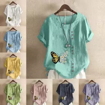 Женская мода, милая футболка с круглым вырезом и принтом бабочек, с коротким рукавом, повседневная хлопково-льняная рубашка с рисунком, свободная летняя блузка для отдыха, топы больших размеров 3XL синий