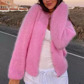 Женская мода, милые элегантные вязаные кардиганы, шикарный круглый вырез, однобортный свитер, осенние новые корейские шикарные винтажные топы S розовый