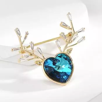 Женская мода, милые броши с голубым сердцем и кристаллами в виде оленя для женщин, роскошная брошь из сплава золотого цвета, брошь в виде животного, булавки