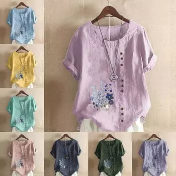 Женская мода, милые цветы и растения, футболка с короткими рукавами и принтом, свободная хлопковая рубашка, повседневная свободная летняя блузка, топы больших размеров S розовый