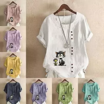 Женская мода Милые кошки и пчелы Принтованная футболка с коротким рукавом Свободная хлопковая рубашка Повседневная свободная летняя блузка Топы больших размеров S розовый