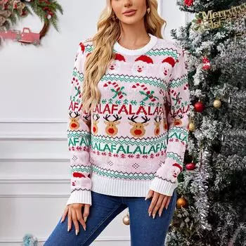 Женская мода милый вязаный свитер пуловер длинный рукав рождественский свитер L