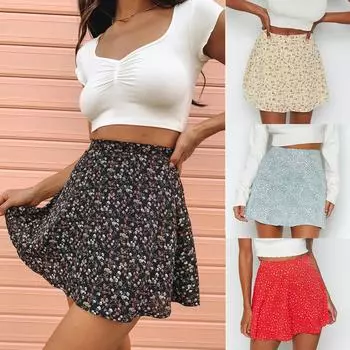 Женская мода мини-юбка с высокой талией и цветочным принтом, шифоновая короткая юбка трапециевидной формы на молнии L чёрный