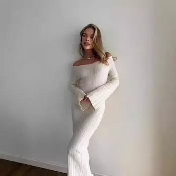 Женская мода мода элегантное осеннее расклешенное трикотажное платье с длинными рукавами S белый