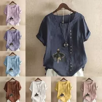 Женская мода Модная женская футболка с круглым вырезом и коротким рукавом с принтом Повседневная хлопково-льняная рубашка с рисунком Свободные летние блузки для отдыха Топы S розовый