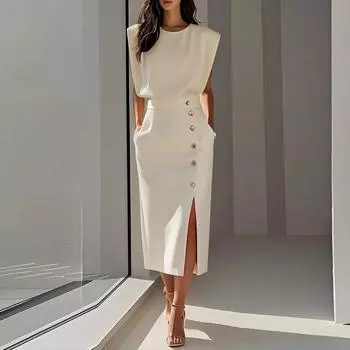 Женская мода Модный стиль Однотонный круглый вырез Талия разрез Металлические пуговицы Платья L бежевый