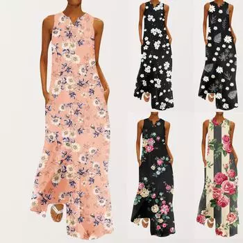 Женская мода на День независимости с v-образным вырезом без рукавов, летняя вечерняя вечеринка с принтом, женский карманный жилет, длинное платье XXL зелёный