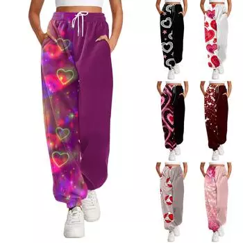 Женская мода на день Святого Валентина с принтом повседневные брюки с эластичной резинкой на талии и шнурком L чёрный