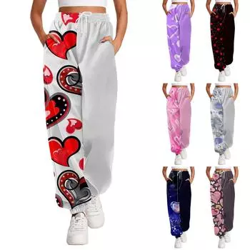 Женская мода на день Святого Валентина с принтом повседневные брюки с эластичной резинкой на талии и шнурком L