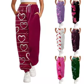 Женская мода на день Святого Валентина с принтом повседневные брюки с эластичной резинкой на талии и шнурком L чёрный