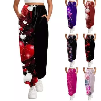 Женская мода на день Святого Валентина с принтом повседневные брюки с эластичной резинкой на талии и шнурком L чёрный