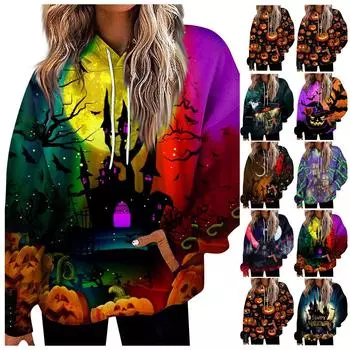 Женская мода на Хэллоуин, повседневные универсальные повседневные толстовки с круглым вырезом, топ с длинными рукавами и принтом, толстовка L чёрный