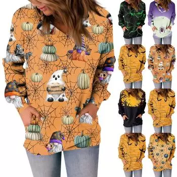 Женская мода на Хэллоуин, повседневный свитер с v-образным вырезом и длинным рукавом с принтом, топ L зелёный