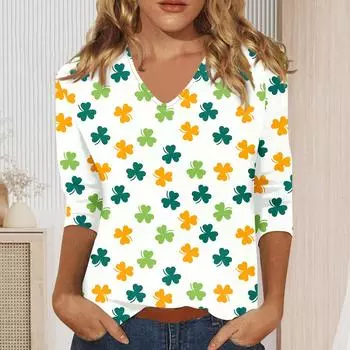 Женская мода на каждый день Повседневная футболка с v-образным вырезом и семиточечным рукавом с принтом Топ