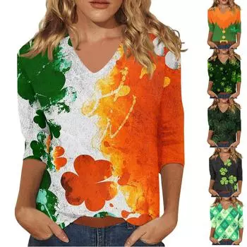 Женская мода на каждый день Повседневная футболка с v-образным вырезом и семиточечным рукавом с принтом Топ L