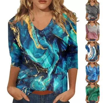 Женская мода на каждый день Повседневная футболка с v-образным вырезом и семиточечным рукавом с принтом Топ L чёрный