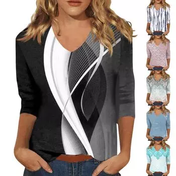 Женская мода на каждый день Повседневная футболка с v-образным вырезом и семиточечным рукавом с принтом Топ L чёрный