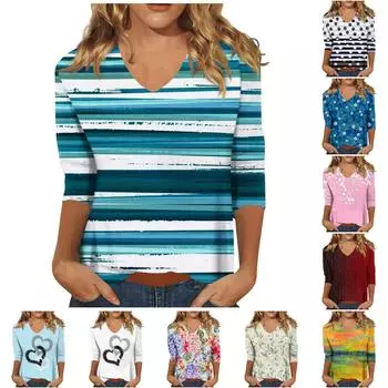 Женская мода на каждый день Повседневная футболка с v-образным вырезом и рукавами три четверти с принтом Топ L чёрный