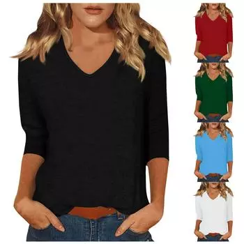 Женская мода на каждый день Повседневная футболка с v-образным вырезом и семиточечным рукавом с принтом Топ L чёрный