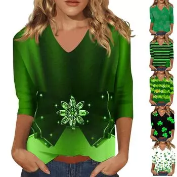 Женская мода на каждый день Повседневная футболка с v-образным вырезом и семиточечным рукавом с принтом Топ L