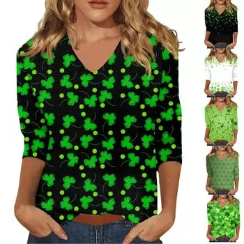 Женская мода на каждый день Повседневная футболка с v-образным вырезом и семиточечным рукавом с принтом Топ L