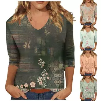 Женская мода на каждый день Повседневная футболка с v-образным вырезом и семиточечным рукавом с принтом Топ L