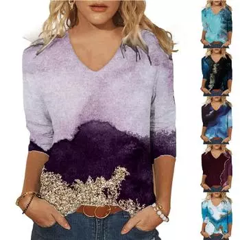 Женская мода на каждый день Повседневная футболка с v-образным вырезом и семиточечным рукавом с принтом Топ L синий